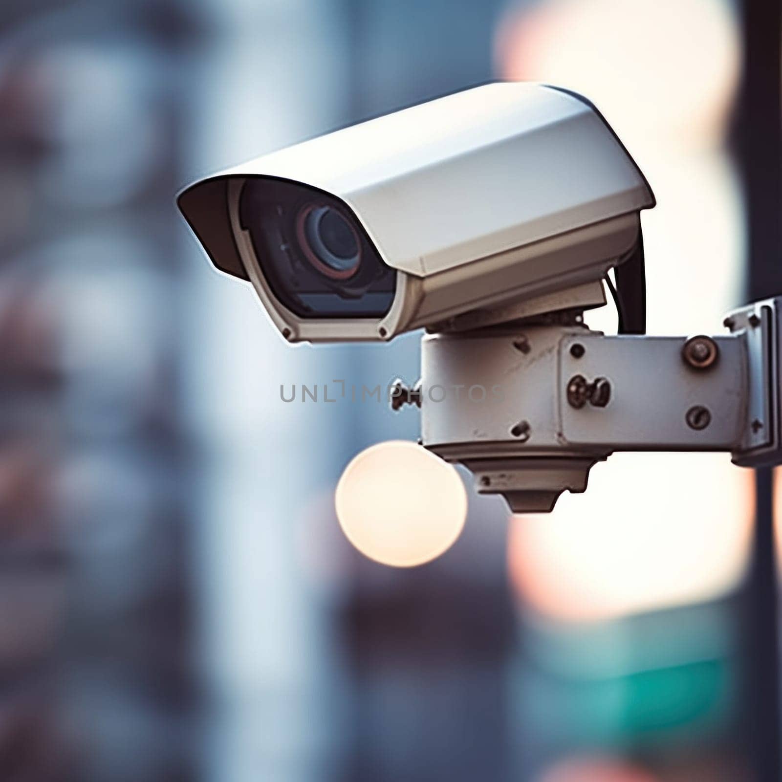 A close up of a security camera mounted on the side of building