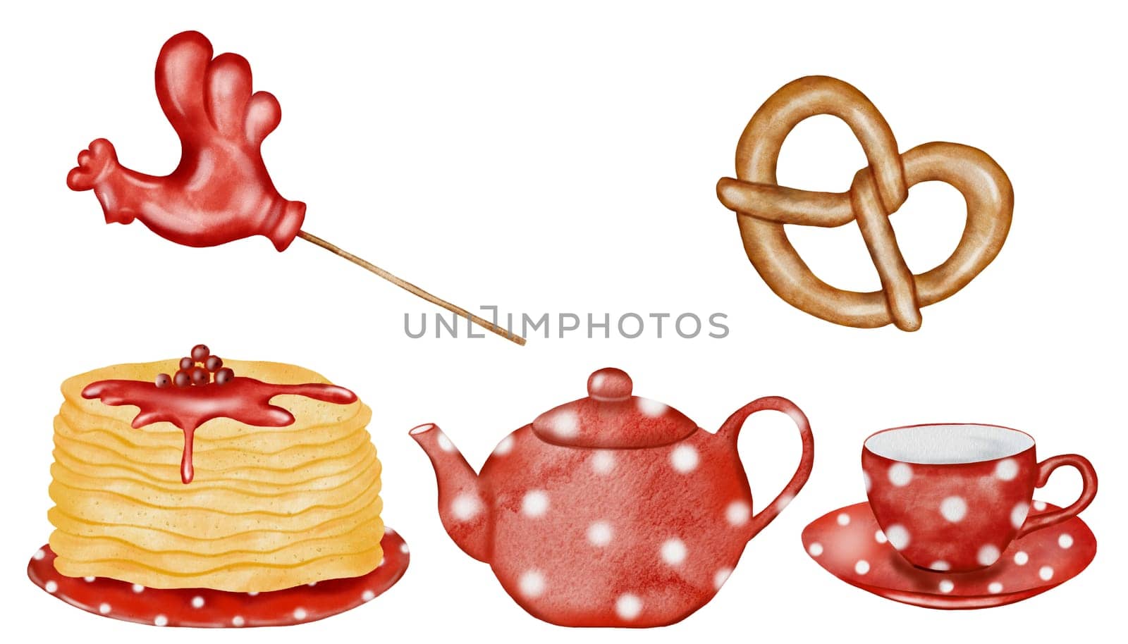 Maslennitsa watercolor set hand painting on isolated white background. Drawings of pancakes with jam on a plate, a teapot and a cup in red color. Pretzel and lollipop in the form of a rooster on a stick. To decorate banners and postcards for Shrove Shrovetide. High quality illustration