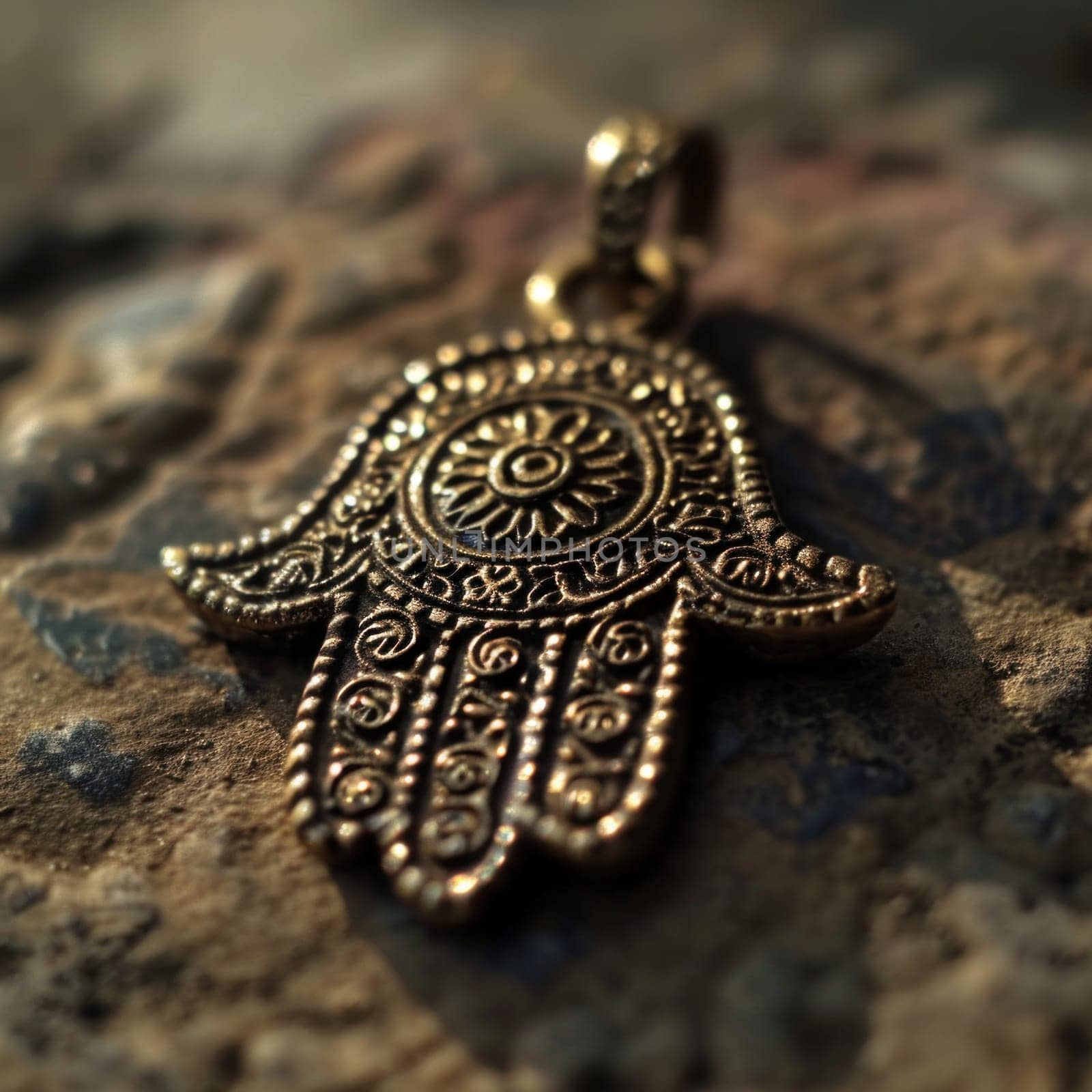 A gold hamsa hand pendant on a rock with an ornate design