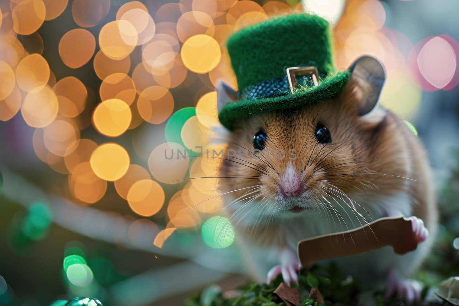 A small brown and white mouse wearing a green hat