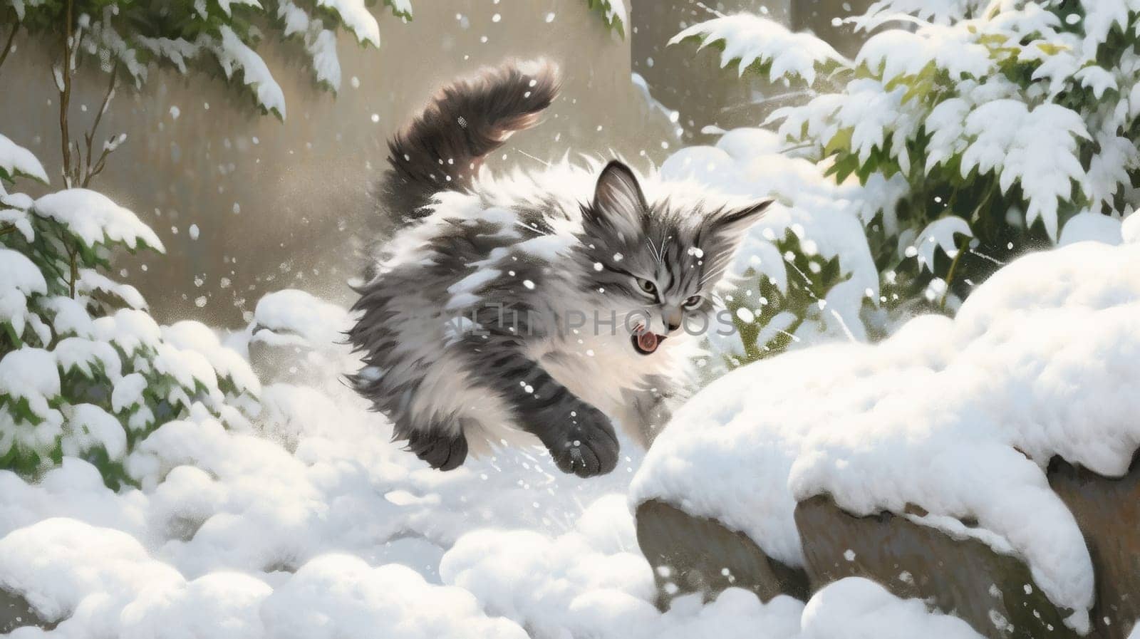 A painting of a cat running through the snow in front of trees