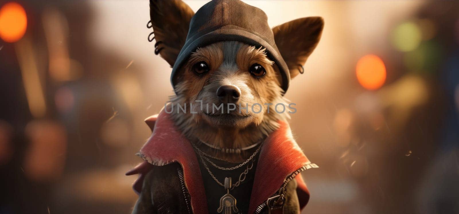 A small dog wearing a hat and jacket with some lights, AI by starush