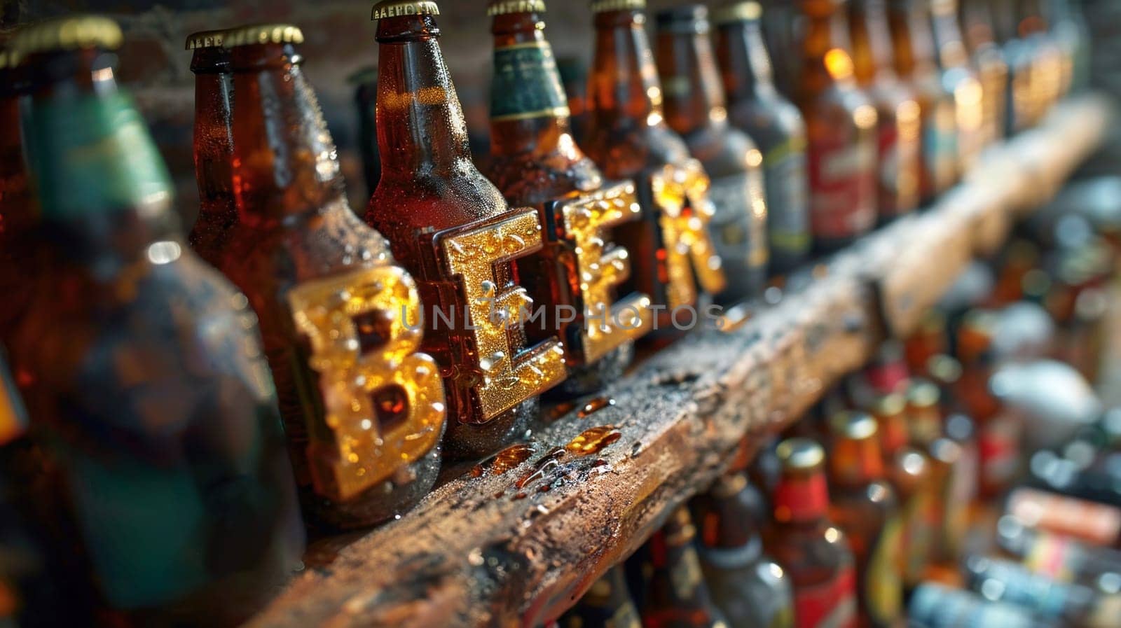 A row of bottles with the word beer on them