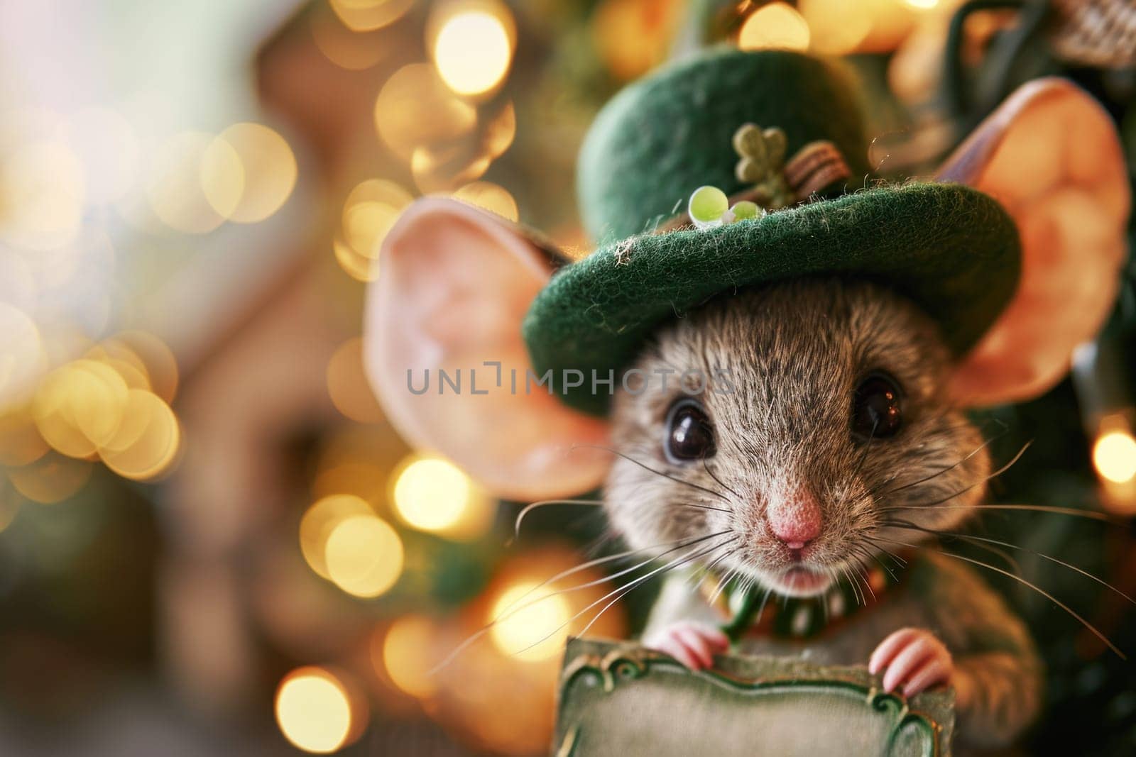 A mouse wearing a green hat and holding up a sign