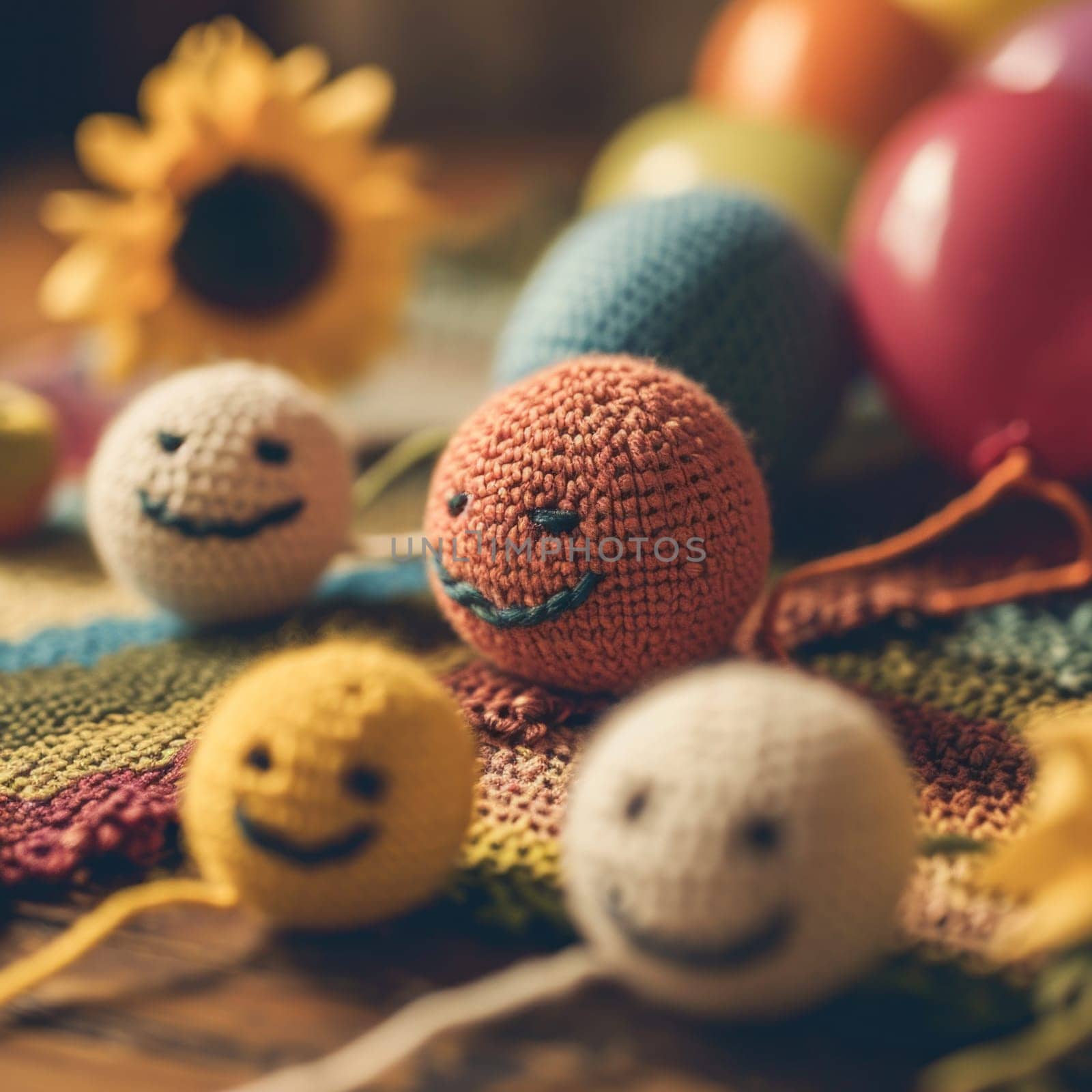 A group of crocheted balls with smiley faces on them