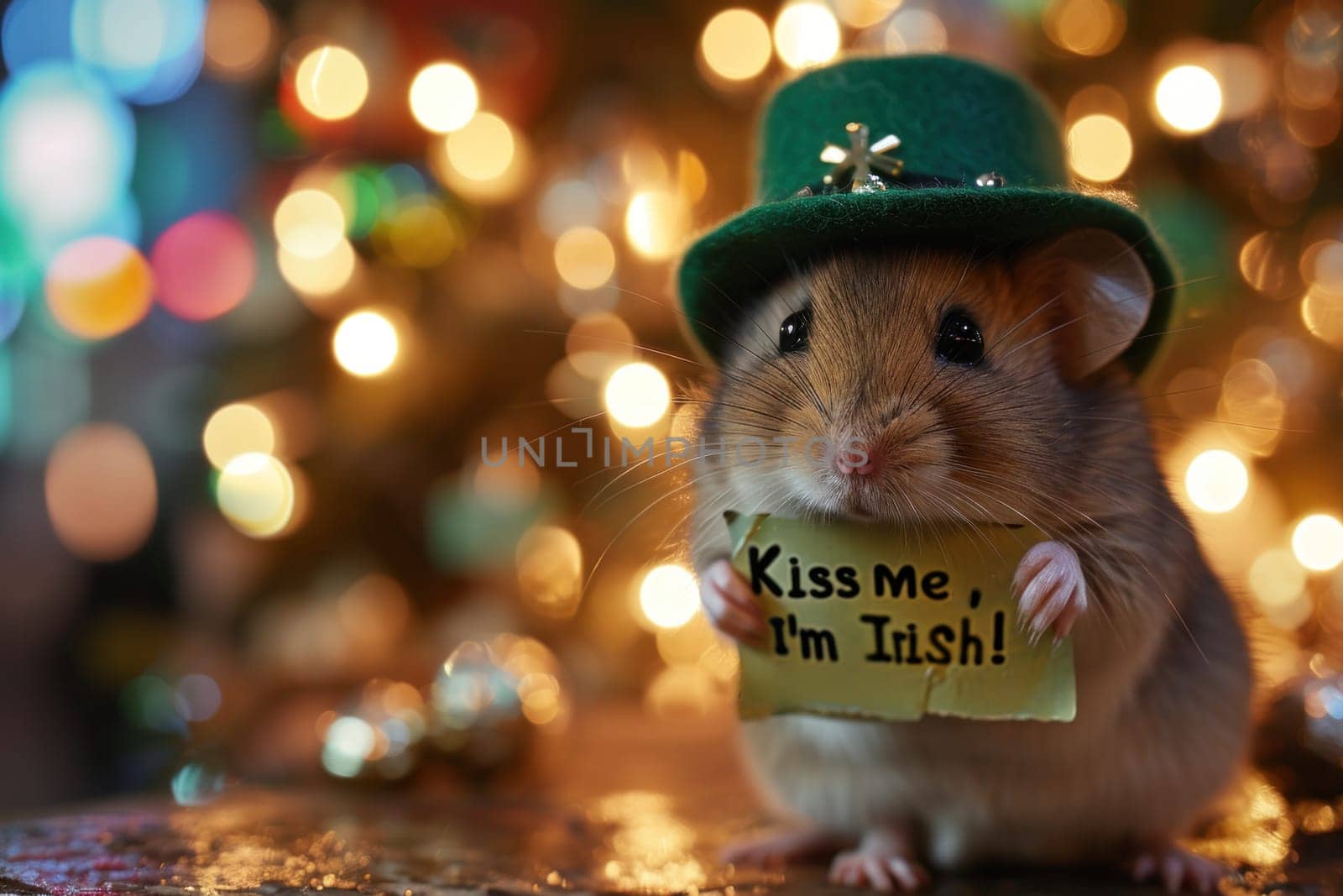 A small mouse wearing a green hat holding up a sign, AI by starush