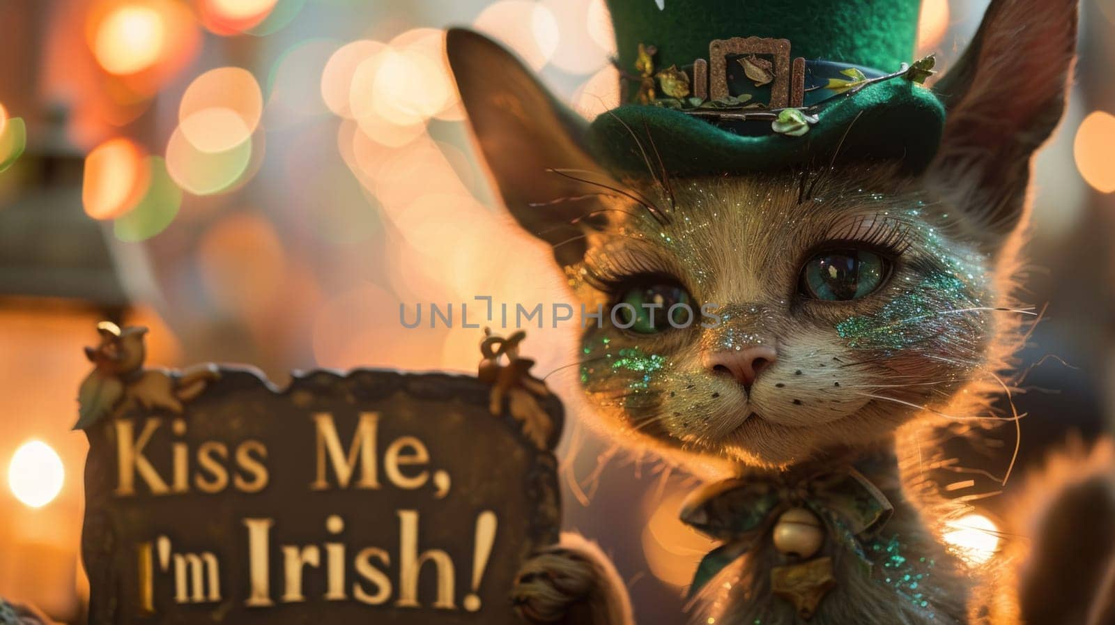 A close up of a cat wearing an irish hat and holding a sign