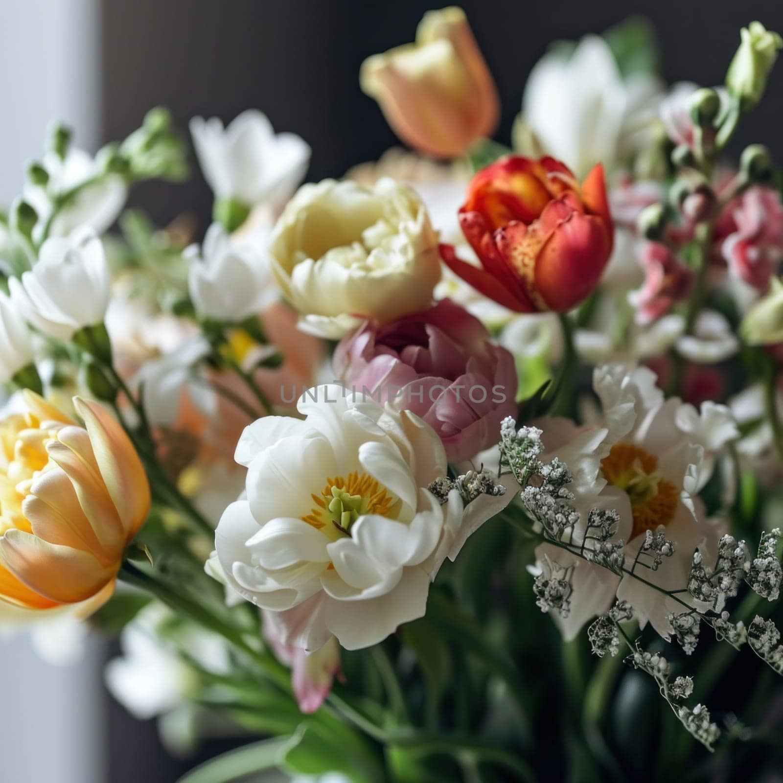 A close up of a bouquet with many different flowers in it