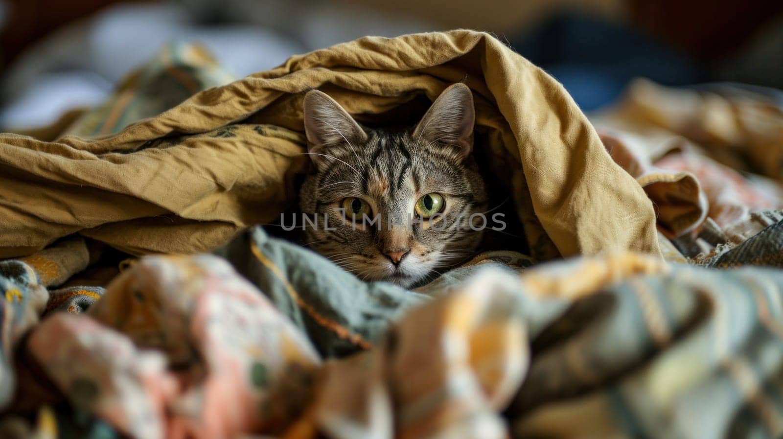 A cat peeking out from under a blanket on top of bedding, AI by starush