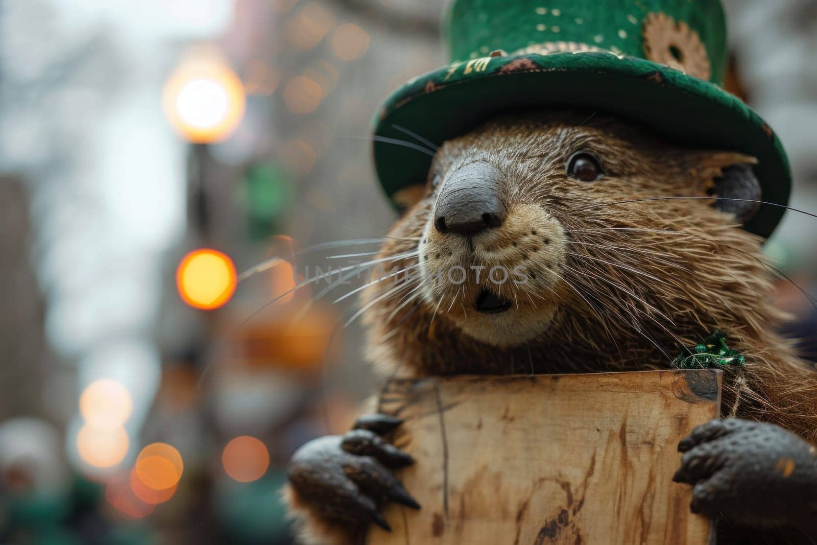 A beaver wearing a green hat holding up a wooden sign