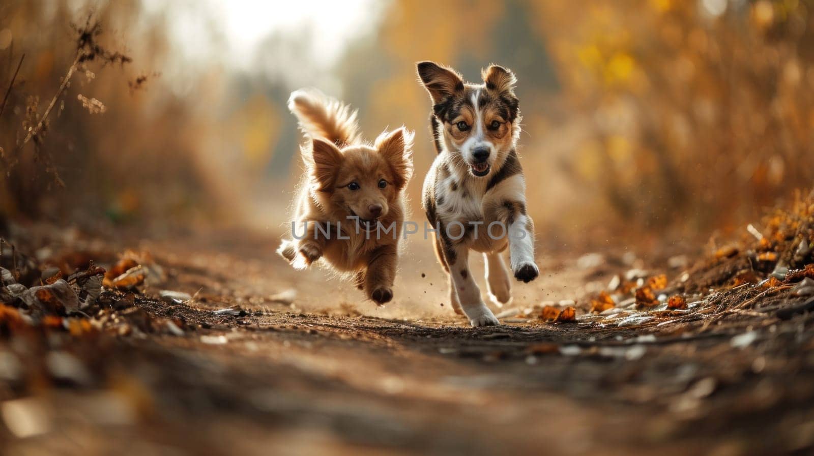 Two dogs running together on a dirt road in autumn, AI by starush