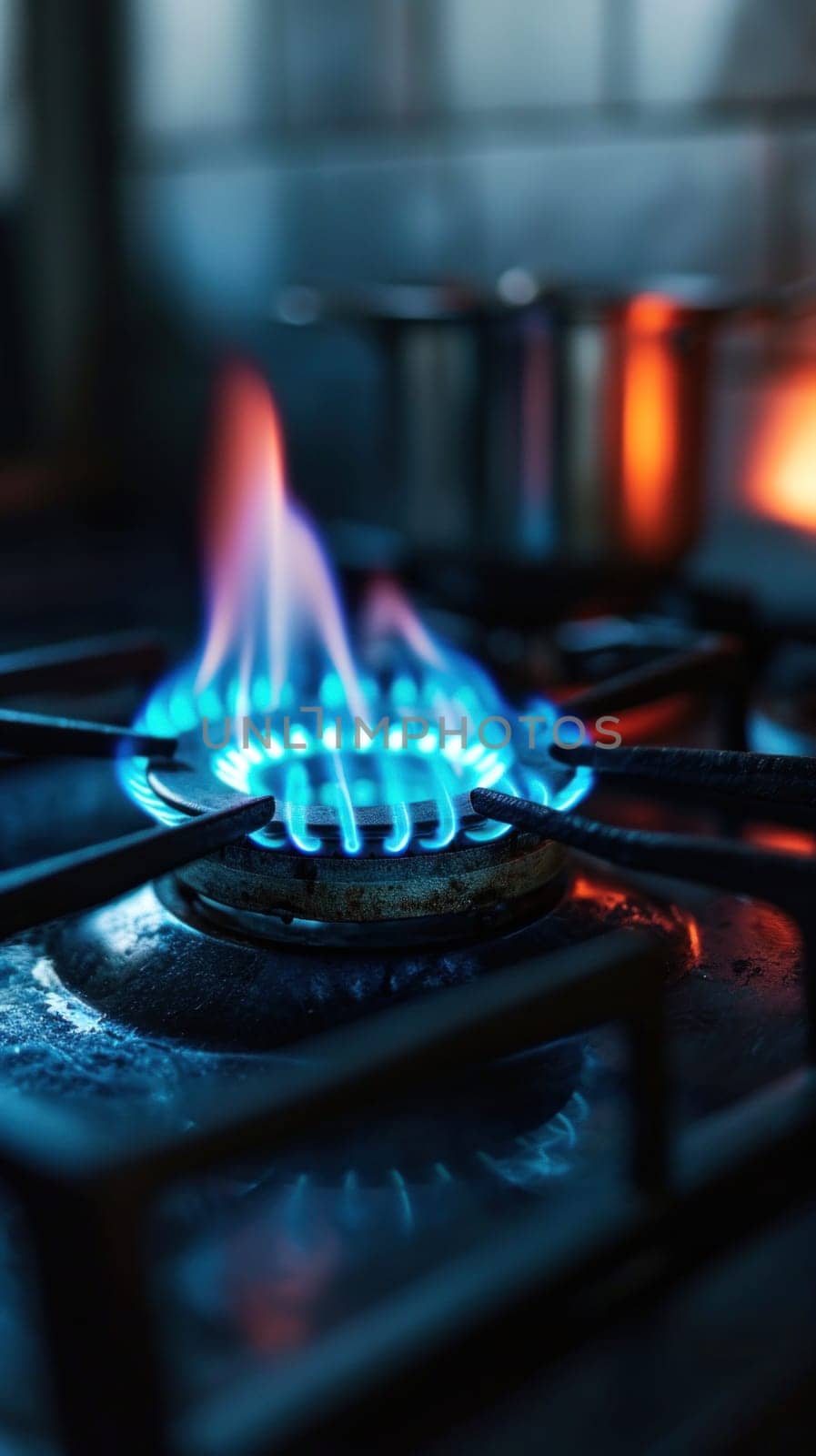 A blue flame is burning on a gas stove top