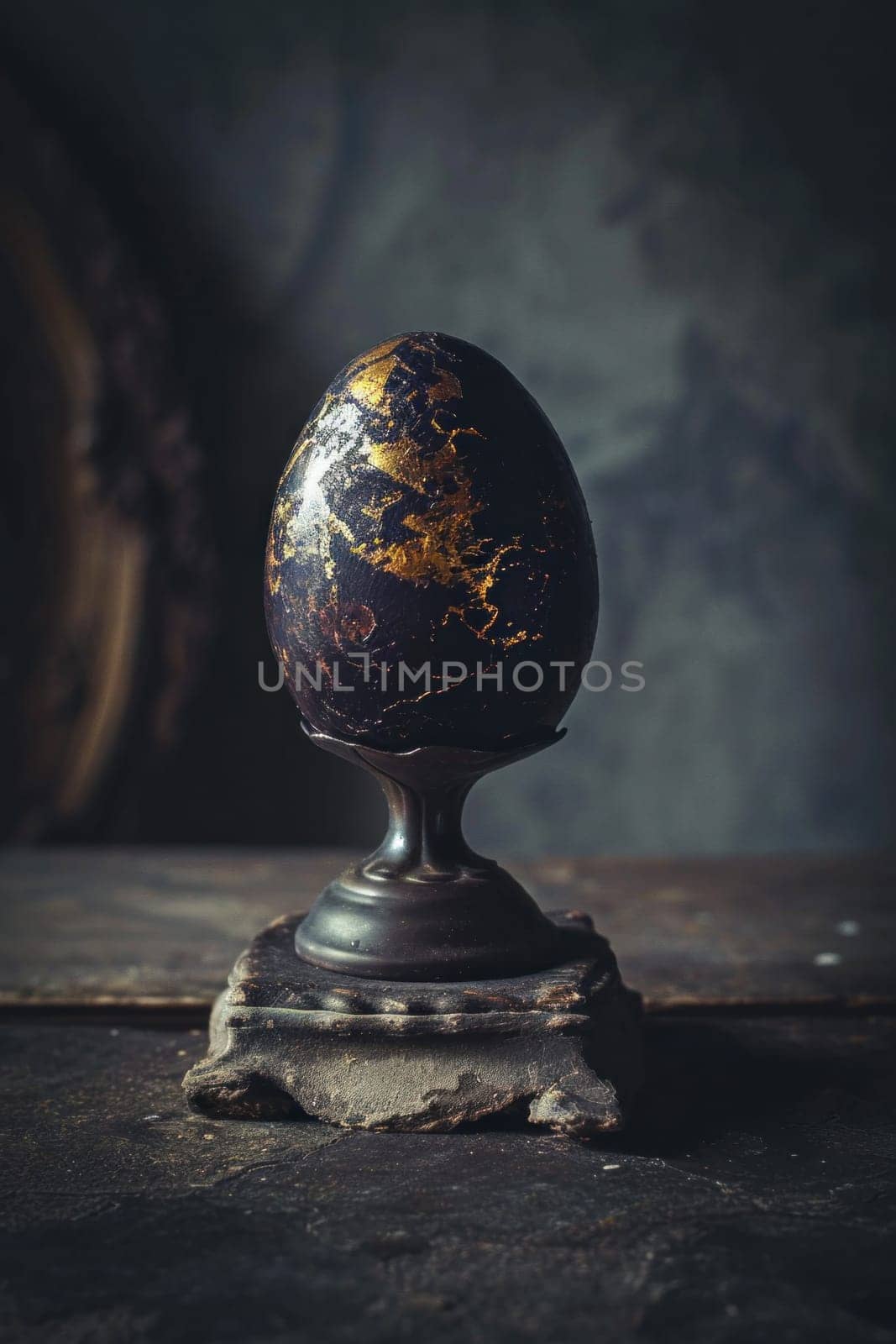 A black and gold egg on a stand with an old wooden table, AI by starush