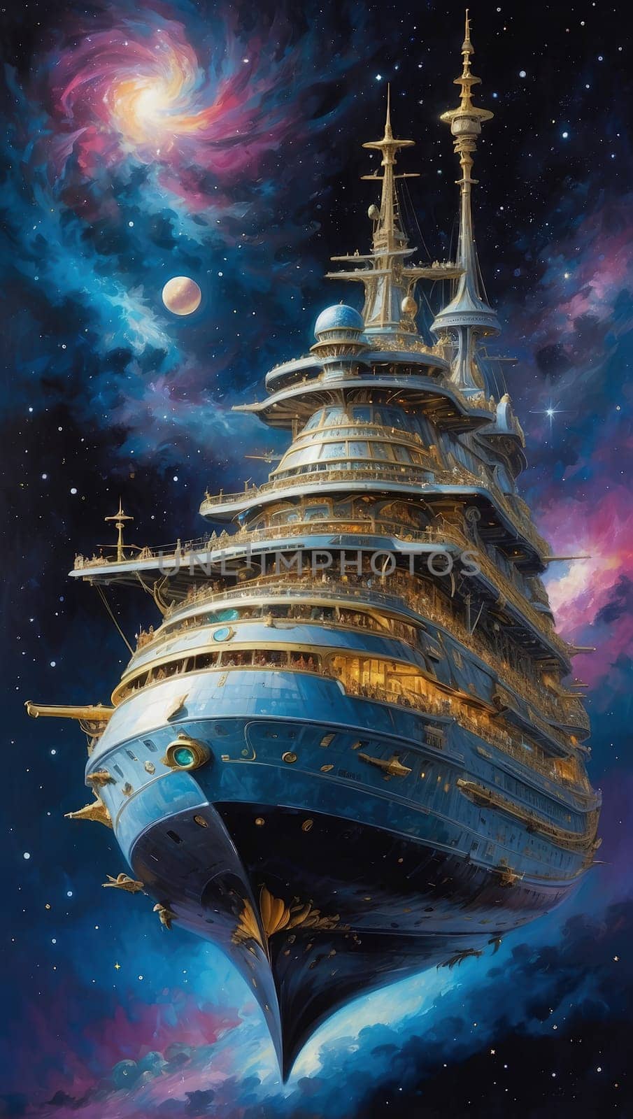Sailing ship in the starry galaxy sky. 3d fantasy illustration. by Waseem-Creations