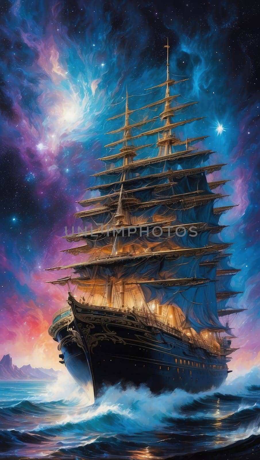 Sailing ship in the night cosmos sky. Fantasy painting of cruise boat in universe galaxy. 3D digital illustration.