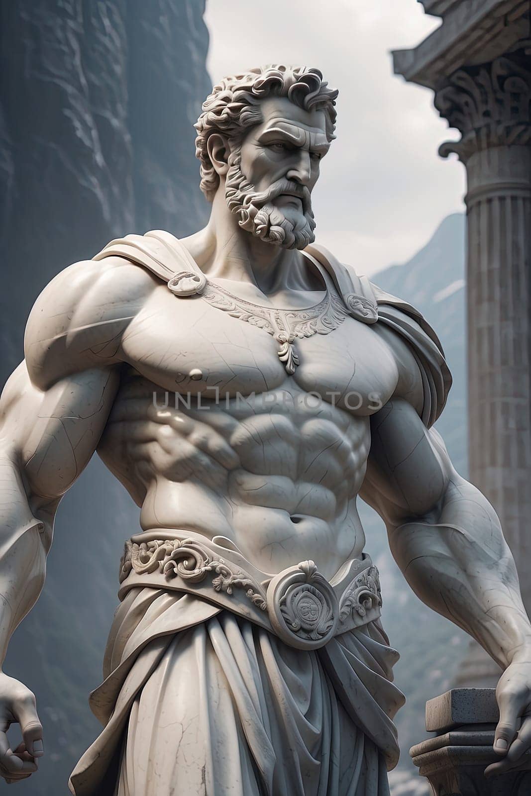 Statue of ancient roman warrior. 3d king man sculpture. AI Generated.