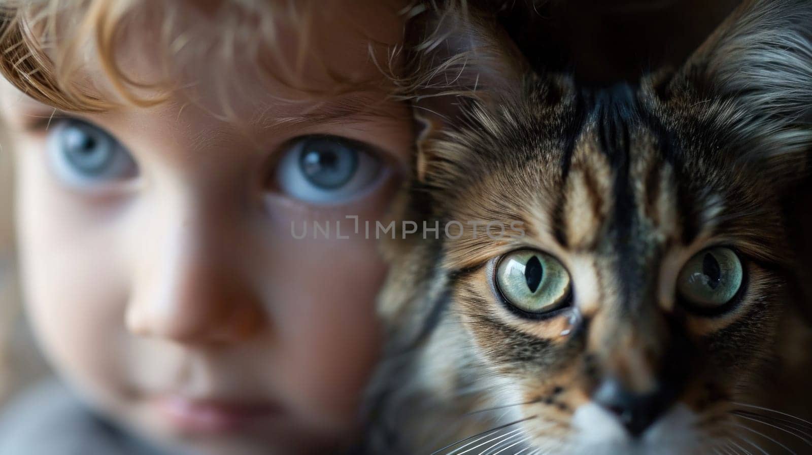 A close up of a cat and child with the face blurred