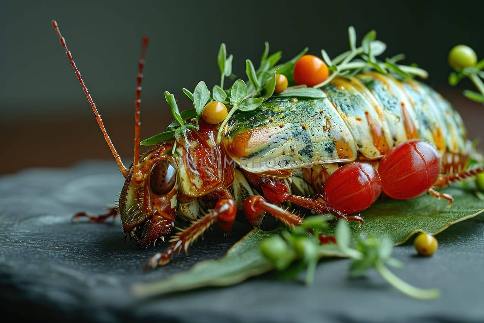 A bug with leaves and berries on it's back