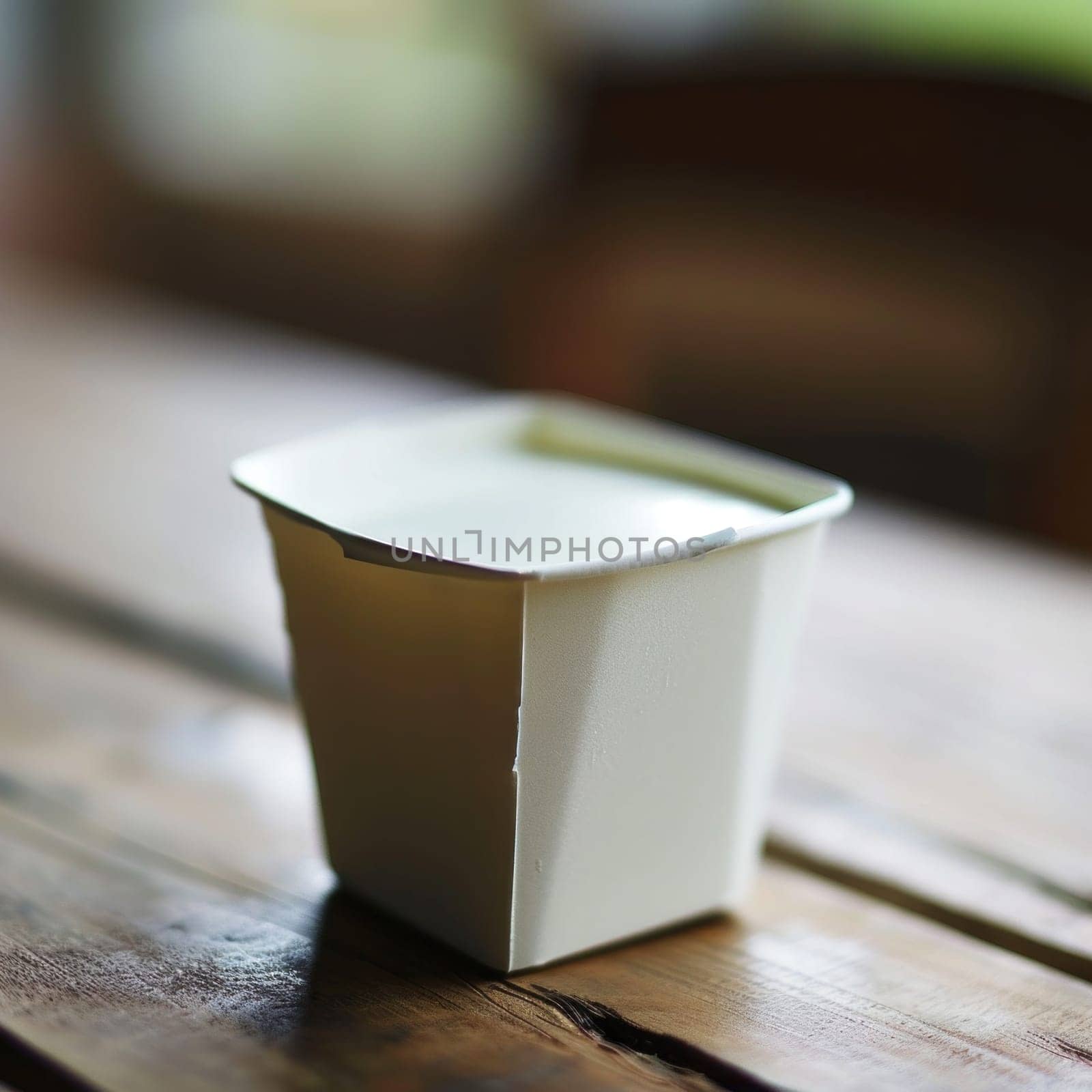 A small white container sitting on top of a wooden table