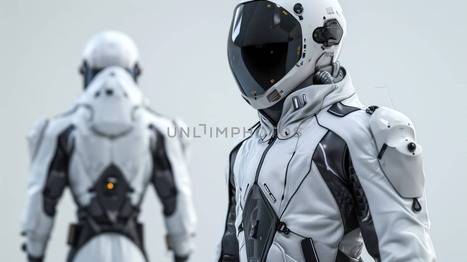 A close up of a white and black suit with helmet