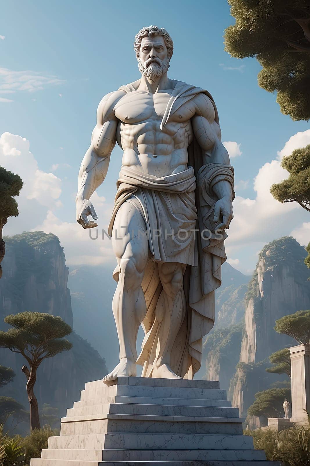 Statue of warrior man in park from greek mythology. AI Generated.