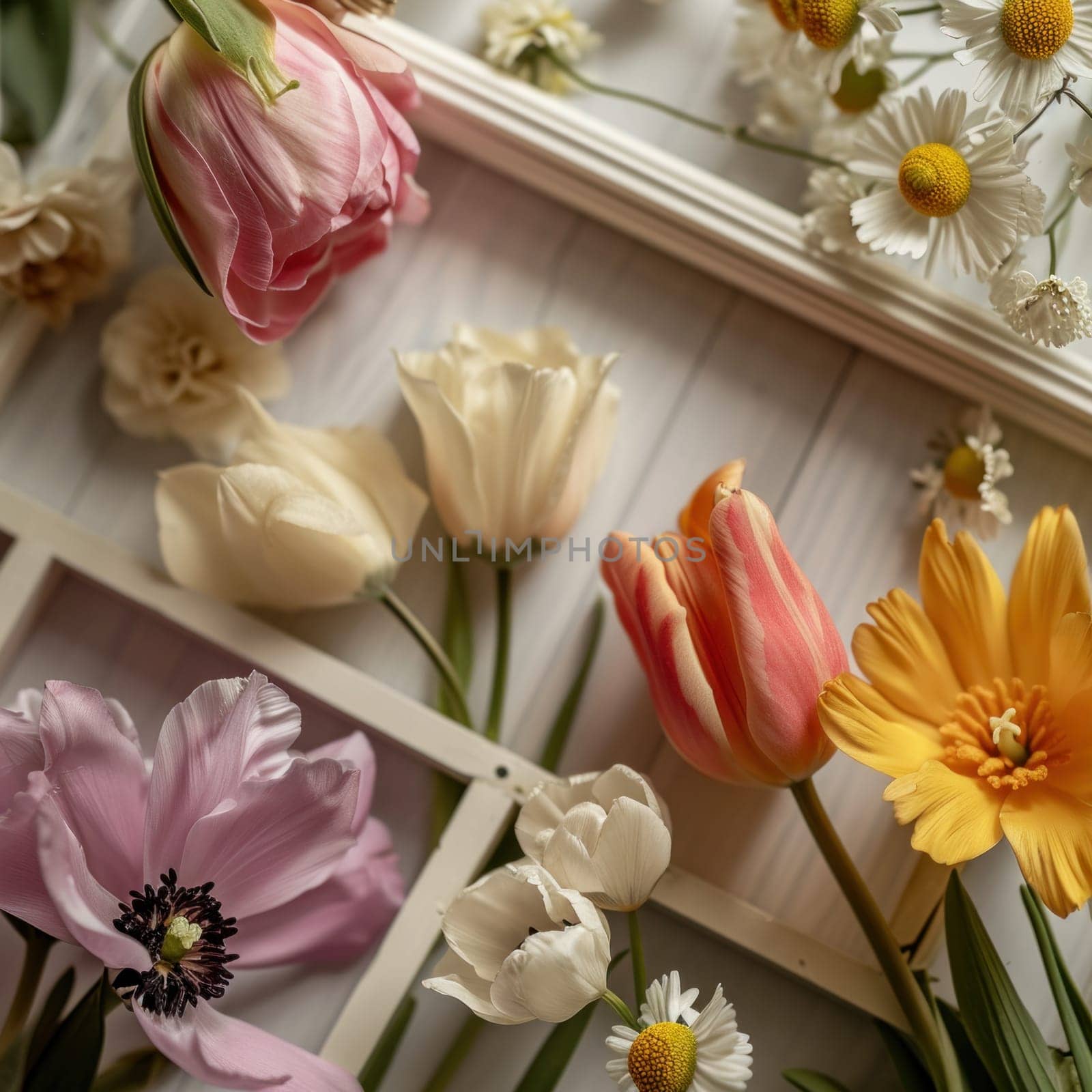 A bunch of flowers are arranged on a white surface