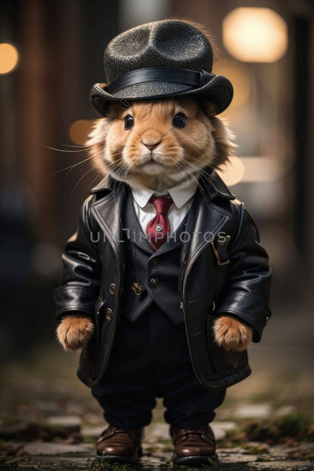 3d rabbit wearing a hat and leather jacket in the city. Peaky blinder style. AI Generated.