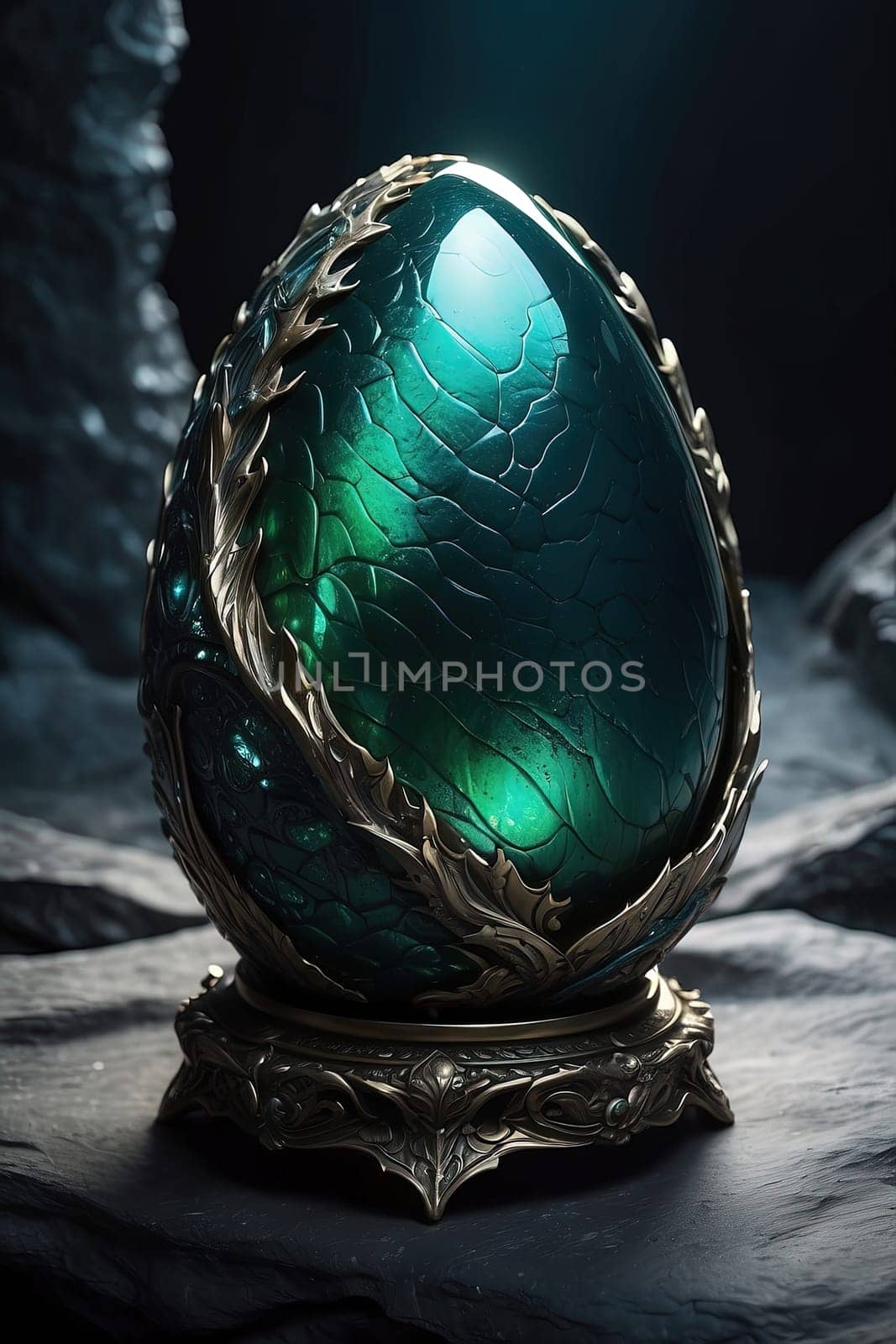 Artificial green glass egg in the cave. 3D Rendering. AI Generated.