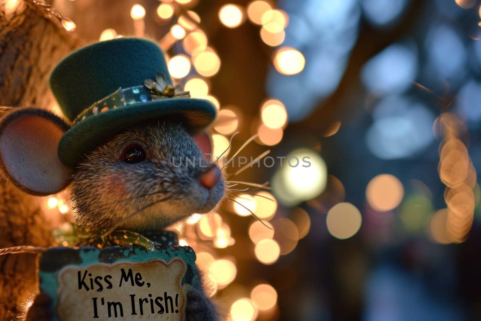 A stuffed mouse wearing a green hat and holding up a sign