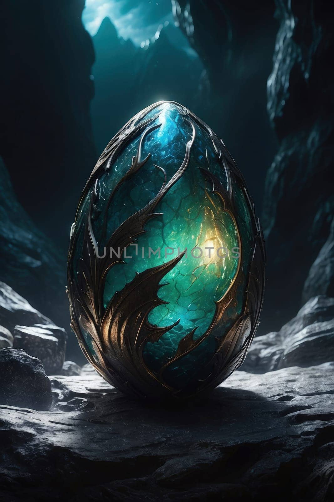 Beautiful ornamental egg in dark cave. 3D rendering. AI Generated.