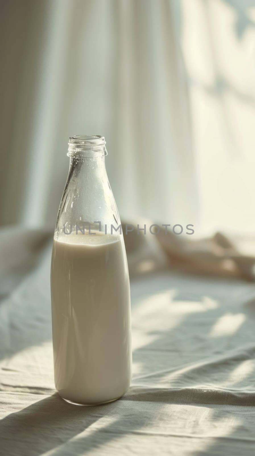 A glass bottle of milk on a table with the sun behind it