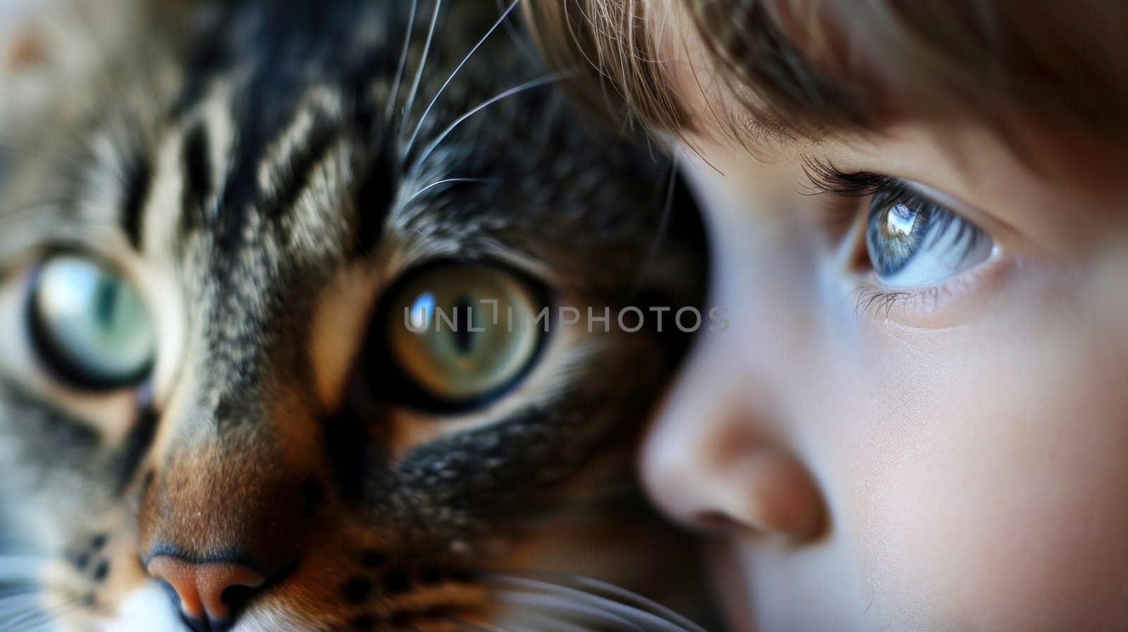 A close up of a cat and child looking at each other