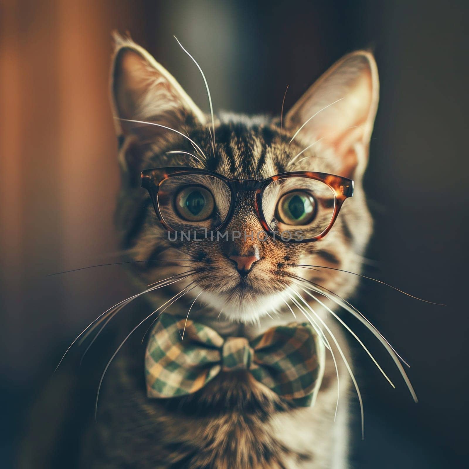 A close up of a cat wearing glasses and a bow tie