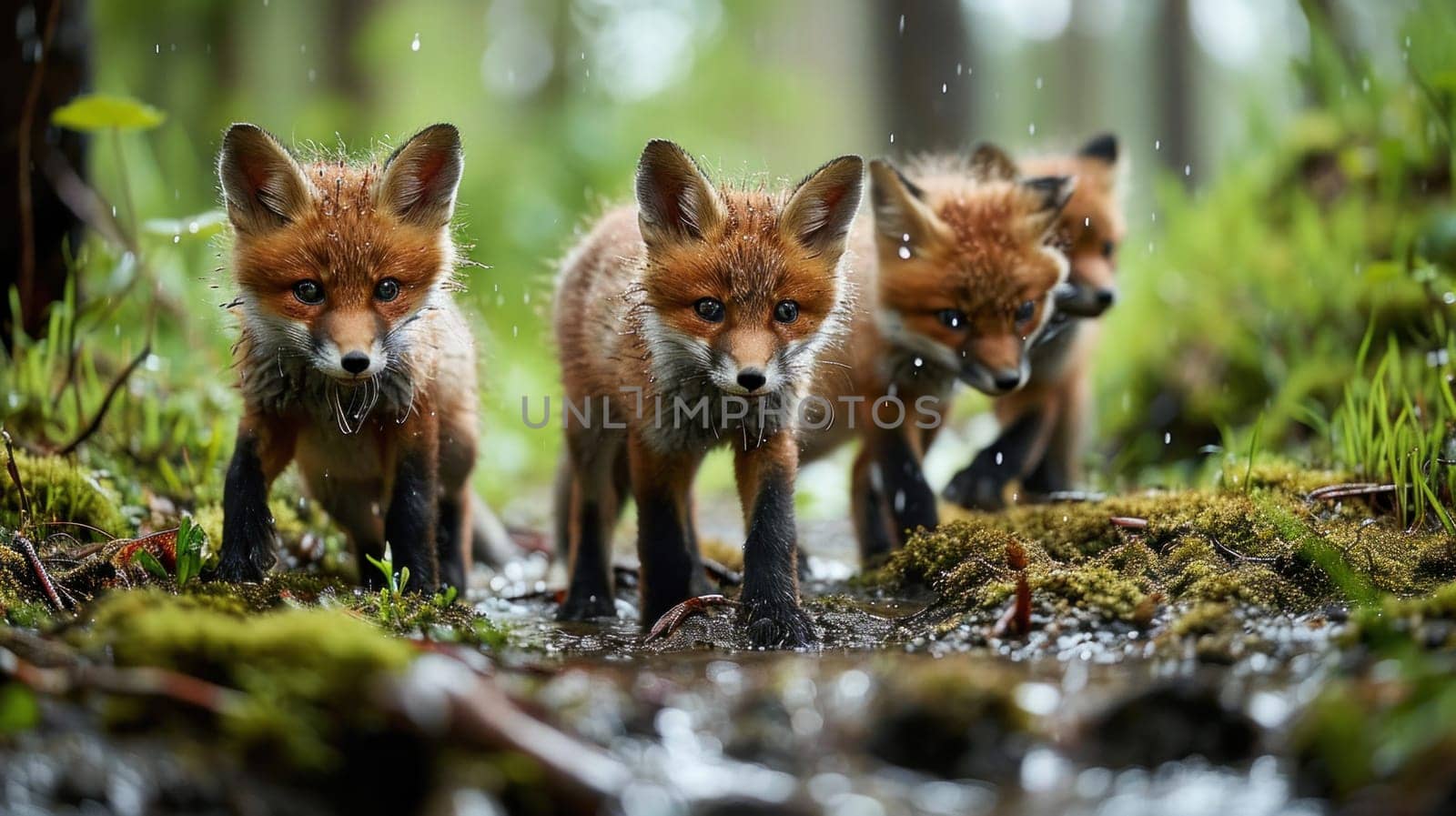 A group of three foxes walking through a forest in the rain