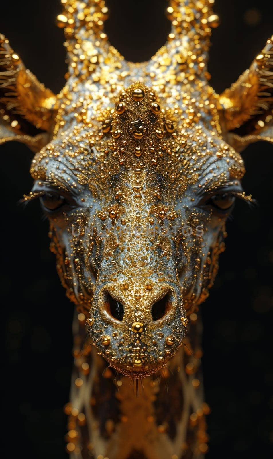 A close up of a giraffe with gold and silver decorations