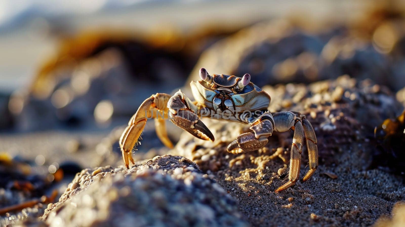 A crab is standing on a rock with its legs spread