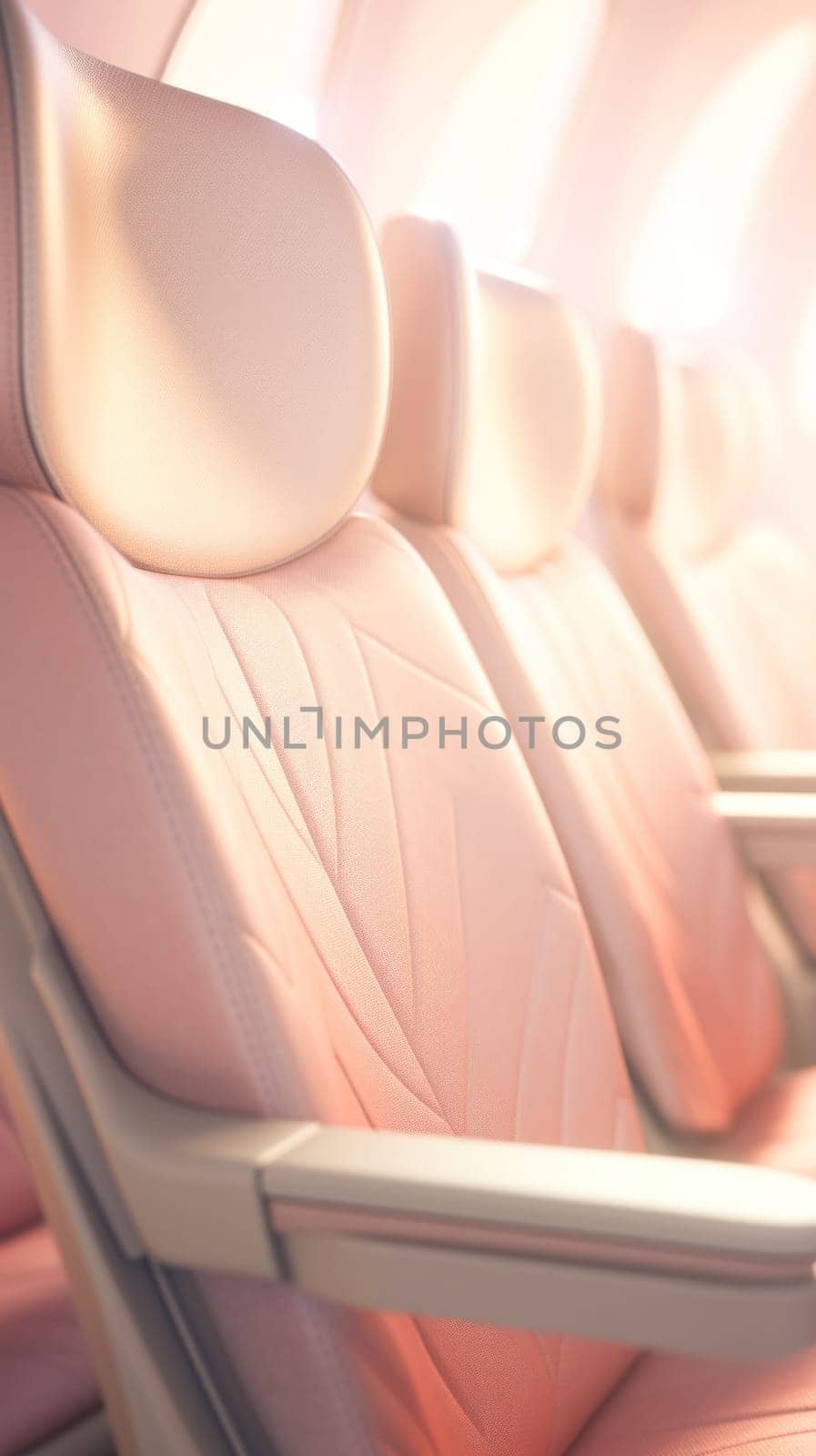 A row of seats on an airplane with a window in the background, AI by starush