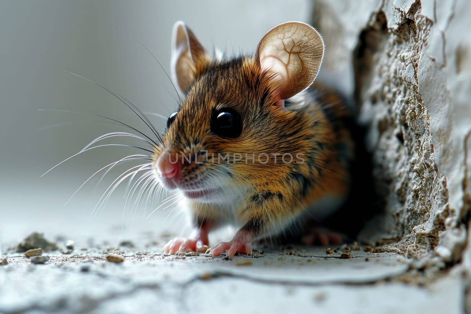 A small mouse is sitting in a hole looking at the camera, AI by starush