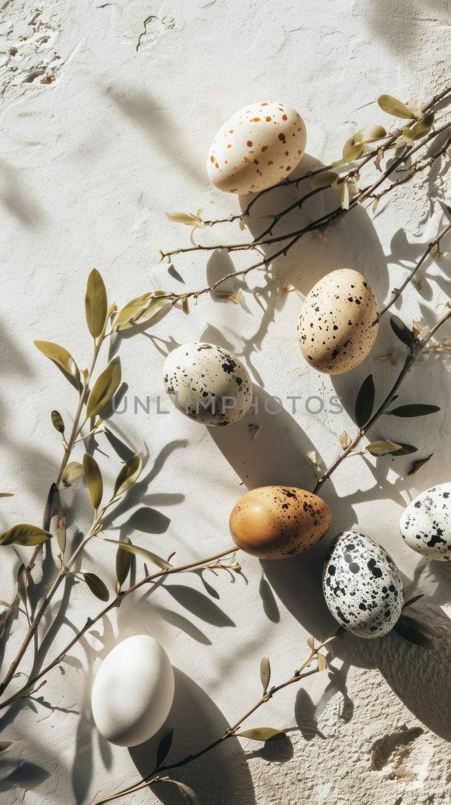 A bunch of eggs and leaves on a white wall