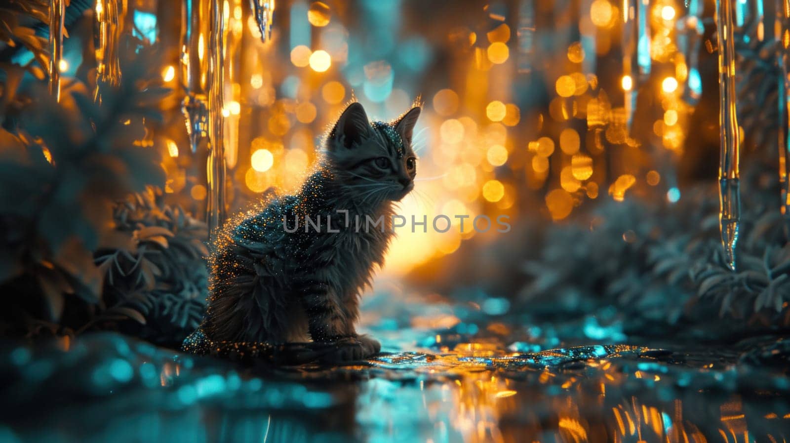 A small cat sitting on a wet ground in front of trees