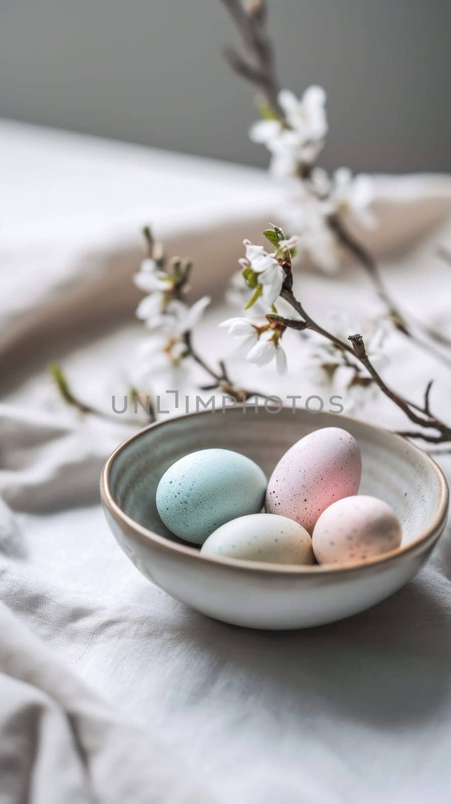 A bowl of colored eggs on a table with white flowers, AI by starush