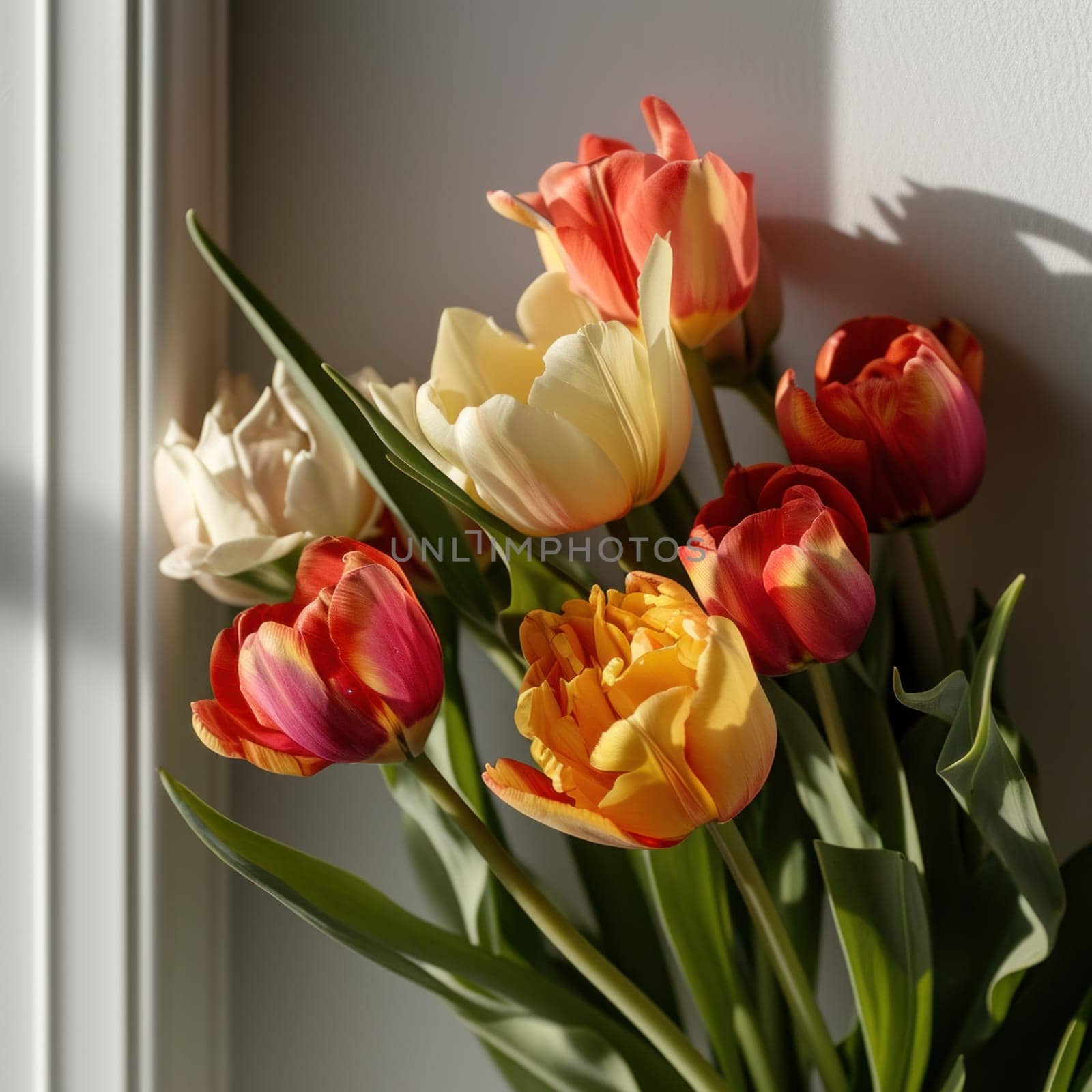 A bunch of flowers are in a vase on the wall