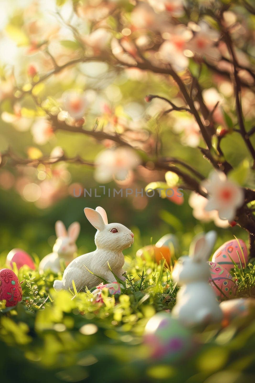 A group of white rabbits sitting in a field with easter eggs, AI by starush