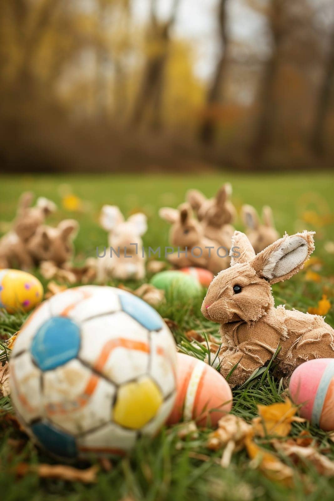 A group of stuffed rabbits sitting on the grass next to a soccer ball