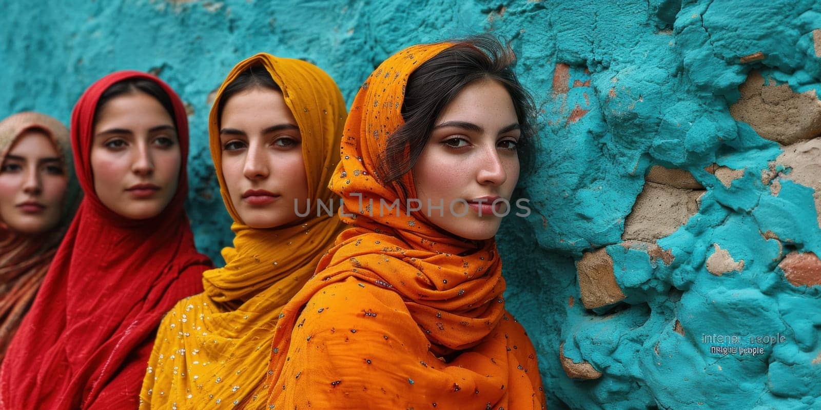 A group of women in colorful scarves standing next to a blue wall