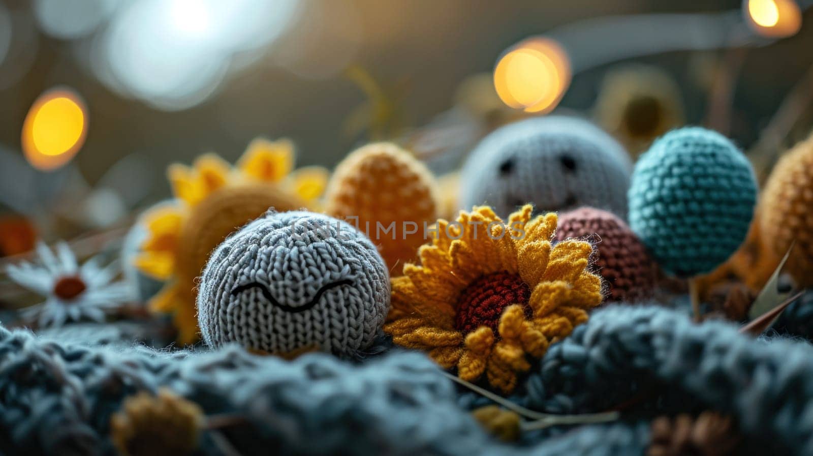 A group of crocheted stuffed animals are arranged on a bed