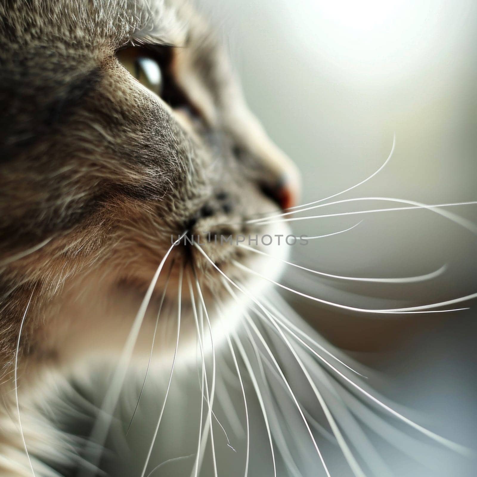 A close up of a cat's face with long whiskers