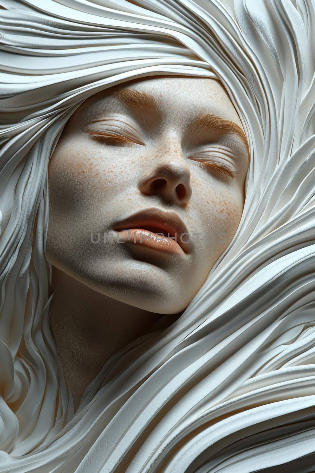 A close up of a woman with her eyes closed and hair wrapped around her face, AI by starush