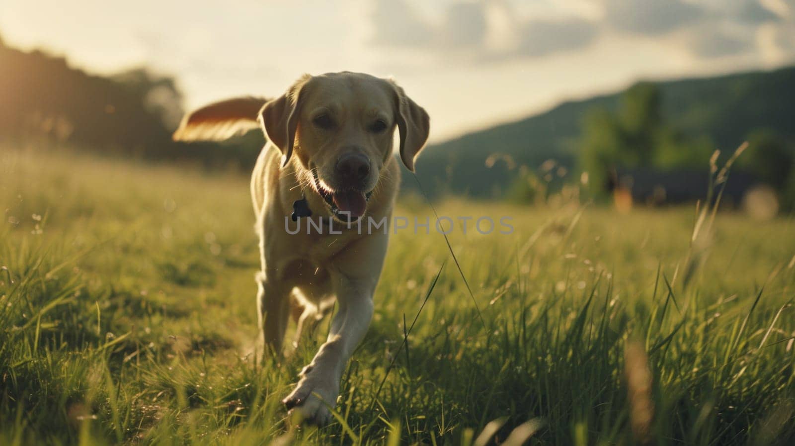 A dog running through a field of tall grass with sun shining