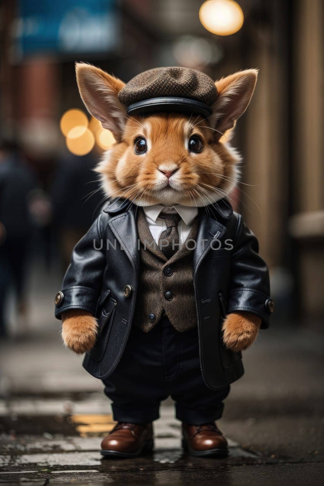 Rabbit bunny wearing hat and leather jacket standing on street. AI Generated.